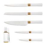 5 Piece Knife Set with Storage Stand/Stainless Steel Knives with Soft Grip Handles & Brushed Steel or Wood Detail/Easy Clean Essential Kitchen Accessory (White & Wood Effect)