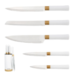 5 Piece Knife Set with Storage Stand/Stainless Steel Knives with Soft Grip Handles & Brushed Steel or Wood Detail/Easy Clean Essential Kitchen Accessory (White & Wood Effect)