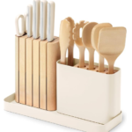 14-Piece Kitchen Prep Set - Kitchen Knife Set & Wooden Utensil Set - Made with Premium German Steel Blades & FSC-Certified Birch Wood - Non-Toxic Materials - Includes Organizer - Cream