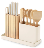 14-Piece Kitchen Prep Set - Kitchen Knife Set & Wooden Utensil Set - Made with Premium German Steel Blades & FSC-Certified Birch Wood - Non-Toxic Materials - Includes Organizer - Cream