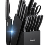 Knife Block Set, 14-Piece Kitchen Knife Set with Integrated Knife Sharpener, Sharp Black Knife Set, Dishwasher Safe