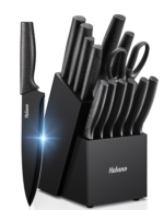 Knife Block Set, 14-Piece Kitchen Knife Set with Integrated Knife Sharpener, Sharp Black Knife Set, Dishwasher Safe