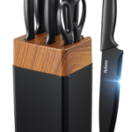 Knife Set, 7 Piece Kitchen Knives Set for Chef, Sharp Knife Set with Universal Plastic Knife Block, Anti-Rust Kitchen Knife Block Set with Built-in Sharpener (Black)