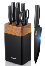 Knife Set, 7 Piece Kitchen Knives Set for Chef, Sharp Knife Set with Universal Plastic Knife Block, Anti-Rust Kitchen Knife Block Set with Built-in Sharpener (Black)