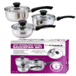Comfort Max 5-Piece Stainless Steel Pots & Pan Set: Durable Cookware for Healthy Cooking, Induction Compatible, with Stay-Cool Ergonomic Handles.
