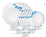 Opalware Dazzle Series Blue Swirl Dinner Set, 18 Units | Opal Glass Dinner Set for 6 | Light-Weight, Daily Use Crockery Set for Dining | White Plate and Bowl Set
