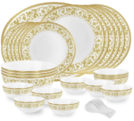 Opalware Divine Series Oro Dinner Set, 33 Units | Opal Glass Dinner Set for 6 | Crockery Set for Festive Ocassions, Parties | White Plate and Bowl Set, Standard