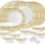 Opalware Divine Series Oro Dinner Set, 33 Units | Opal Glass Dinner Set for 6 | Crockery Set for Festive Ocassions, Parties | White Plate and Bowl Set, Standard