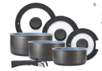 Non-Stick Pots and Pans Set 8 Pieces, Cookware Set, Induction Compatible, Glass Lids, Wood-Look Handles, Cooking Marble Grey