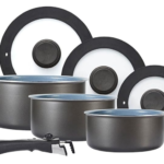 Non-Stick Pots and Pans Set 8 Pieces, Cookware Set, Induction Compatible, Glass Lids, Wood-Look Handles, Cooking Marble Grey