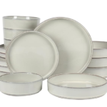 Santorini Mist Double Bowl Terracotta Reactive Glaze Plates and Bowls Dinnerware Set - Moonstone White, Service for Four (16pcs)