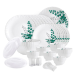 Opalware Dazzle Series Aqua Leaves Dinner Set, 57Pcs | Opal Glass Dinner Set for 8 | Light-Weight, Daily Use Crockery Set for Dining | White Plate and Bowl Set