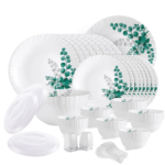 Opalware Dazzle Series Aqua Leaves Dinner Set, 57Pcs | Opal Glass Dinner Set for 8 | Light-Weight, Daily Use Crockery Set for Dining | White Plate and Bowl Set
