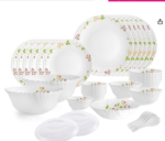 Opalware Dazzle Series Secret Garden Dinner Set, 35 Units | Opal Glass Dinner Set for 6 | Light-Weight, Daily Use Crockery Set for Dining | White Plate and Multipurpose Bowl Set