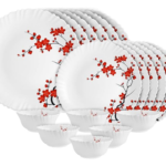 Opalware Dazzle Series Cherry Blossom Dinner Set, 18 Units | Opal Glass Dinner Set for 6 | Light-Weight, Daily Use Crockery Set for Dining | White Plate and Bowl Set
