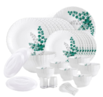 Opalware Dazzle Series Aqua Leaves Dinner Set, 57Pcs | Opal Glass Dinner Set for 8 | Light-Weight, Daily Use Crockery Set for Dining | White Plate and Bowl Set