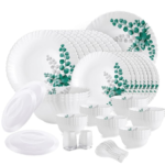 Opalware Dazzle Series Aqua Leaves Dinner Set, 57Pcs | Opal Glass Dinner Set for 8 | Light-Weight, Daily Use Crockery Set for Dining | White Plate and Bowl Set
