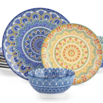 12 Pieces Dinnerware Sets, Porcelain Dinner Set for 4, Boho Plates and Bowls Set, Colorful Dish Sets