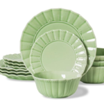 12 Piece plates and bowls sets for 4, Dinnerware set, Porcelain Dish Set, House gift, Microwave and Dishwasher Safe, Mint Glow Green