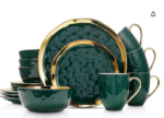 Lain Porcelain 16 Piece Dinnerware Set, Service for 4, Green and Golden Rim