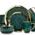 Lain Porcelain 16 Piece Dinnerware Set, Service for 4, Green and Golden Rim