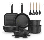20 Piece Pots and Pans Set, Bakeware and Cookware Set, Induction Hob Pots Set w/Lids, Non Stick Set, Heat Safe Silicone Handles, Saucepan, Frying Pans, Muffin Tin, Cookie Tray, Utensil-Gold