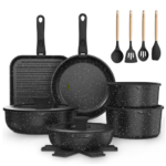 20 Piece Pots and Pans Set, Bakeware and Cookware Set, Induction Hob Pots Set w/Lids, Non Stick Set, Heat Safe Silicone Handles, Saucepan, Frying Pans, Muffin Tin, Cookie Tray, Utensil-Gold