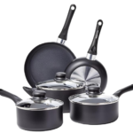  6-Piece Set of Stainless Steel Pans, 16cm, 18cm & 20cm Draining Saucepans with Lids, 14cm Milk Pan, 24cm Casserole, 26cm Non-Stick Frying Pan