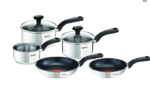 Induction Non‑Stick Coating 5‑Piece Cookware Set, 16/18/20 cm Saucepans + 22/26 cm Frying Pans, Thermo‑Signal, Glass Lids, All Hobs Including Induction, Black